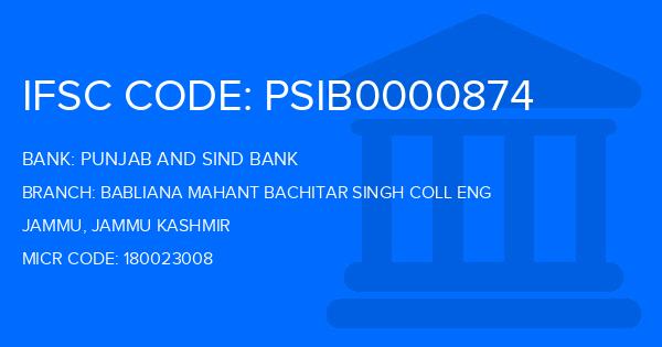 Punjab And Sind Bank (PSB) Babliana Mahant Bachitar Singh Coll Eng Branch IFSC Code