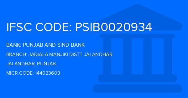Punjab And Sind Bank (PSB) Jadiala Manjiki Distt Jalandhar Branch IFSC Code