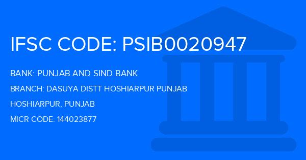 Punjab And Sind Bank (PSB) Dasuya Distt Hoshiarpur Punjab Branch IFSC Code