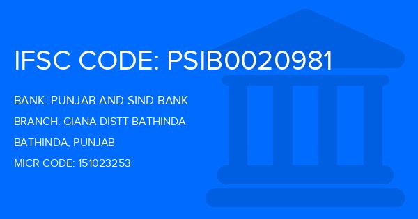 Punjab And Sind Bank (PSB) Giana Distt Bathinda Branch IFSC Code