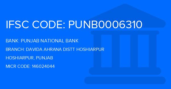 Punjab National Bank (PNB) Davida Ahrana Distt Hoshiarpur Branch IFSC Code