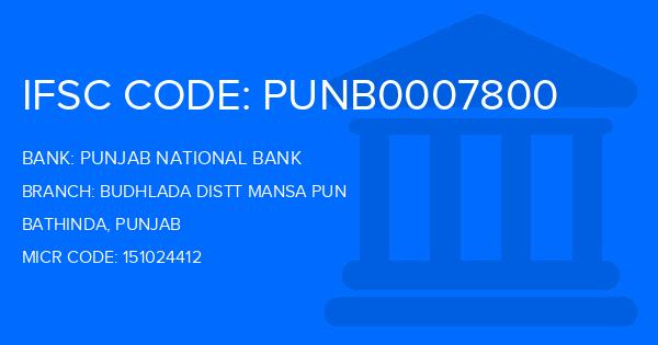 Punjab National Bank (PNB) Budhlada Distt Mansa Pun Branch IFSC Code