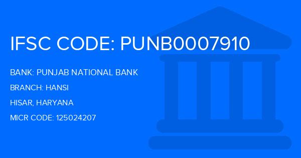 Punjab National Bank (PNB) Hansi Branch IFSC Code