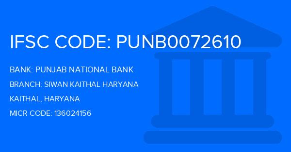 Punjab National Bank (PNB) Siwan Kaithal Haryana Branch IFSC Code