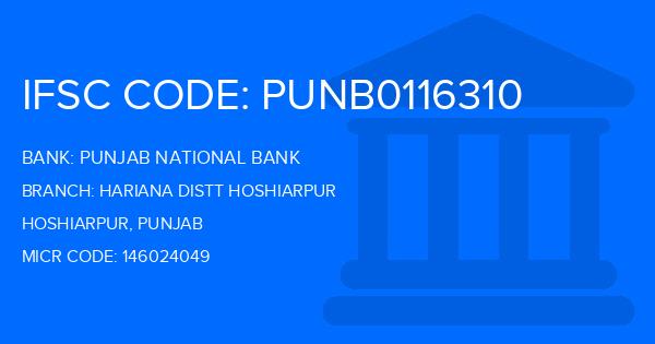Punjab National Bank (PNB) Hariana Distt Hoshiarpur Branch IFSC Code