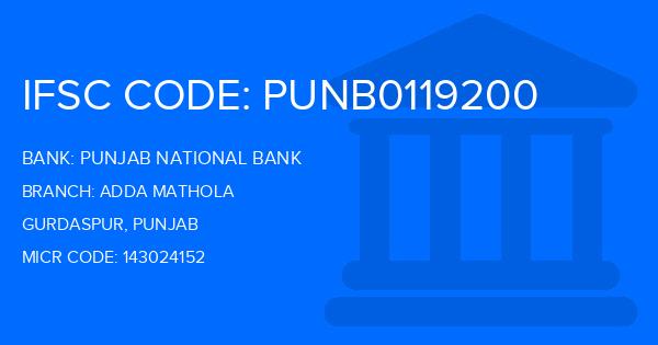 Punjab National Bank (PNB) Adda Mathola Branch IFSC Code