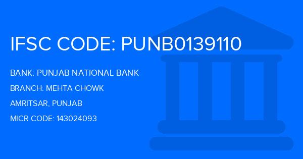 Punjab National Bank (PNB) Mehta Chowk Branch IFSC Code