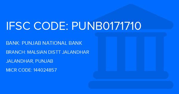 Punjab National Bank (PNB) Malsian Distt Jalandhar Branch IFSC Code