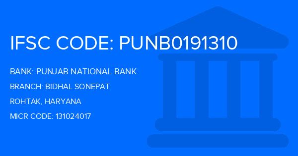 Punjab National Bank (PNB) Bidhal Sonepat Branch IFSC Code