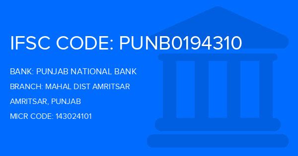Punjab National Bank (PNB) Mahal Dist Amritsar Branch IFSC Code