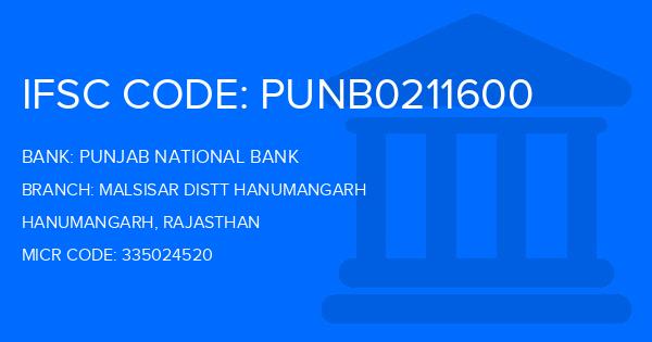 Punjab National Bank (PNB) Malsisar Distt Hanumangarh Branch IFSC Code