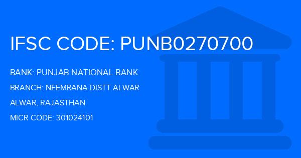 Punjab National Bank (PNB) Neemrana Distt Alwar Branch IFSC Code
