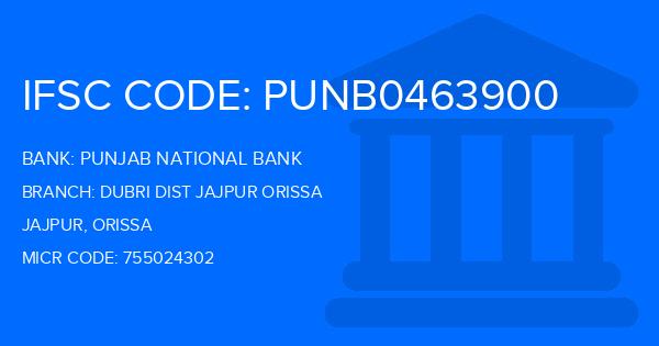 Punjab National Bank (PNB) Dubri Dist Jajpur Orissa Branch IFSC Code
