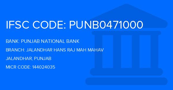 Punjab National Bank (PNB) Jalandhar Hans Raj Mah Mahav Branch IFSC Code