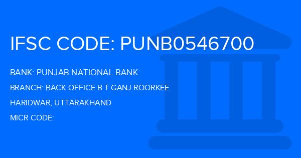 Punjab National Bank (PNB) Back Office B T Ganj Roorkee Branch IFSC Code
