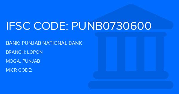 Punjab National Bank (PNB) Lopon Branch IFSC Code