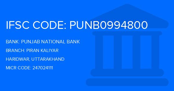 Punjab National Bank (PNB) Piran Kaliyar Branch IFSC Code