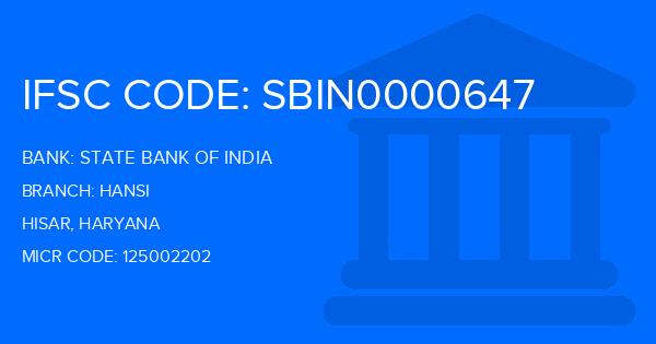 State Bank Of India (SBI) Hansi Branch IFSC Code