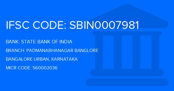 State Bank Of India (SBI) Padmanabhanagar Banglore Branch IFSC Code