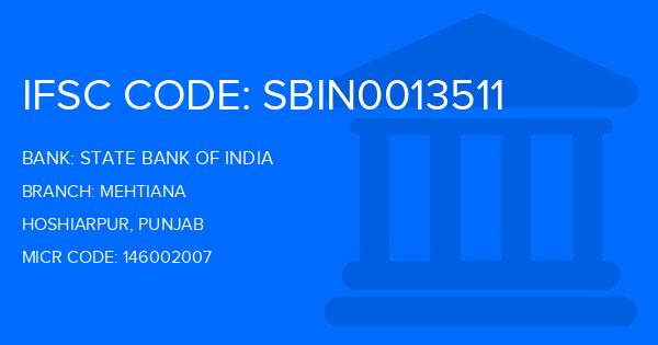 State Bank Of India (SBI) Mehtiana Branch IFSC Code