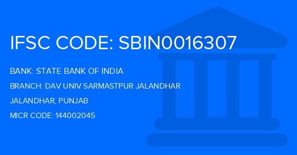 State Bank Of India (SBI) Dav Univ Sarmastpur Jalandhar Branch IFSC Code