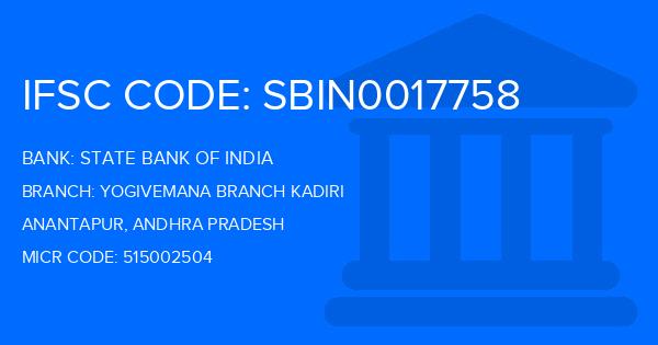 State Bank Of India (SBI) Yogivemana Branch Kadiri Branch IFSC Code