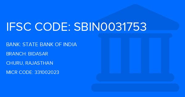 State Bank Of India (SBI) Bidasar Branch IFSC Code