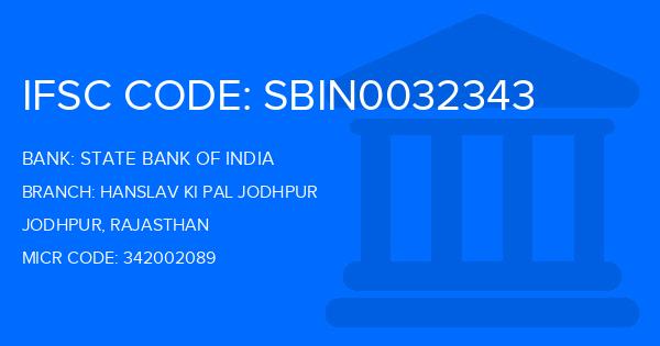 State Bank Of India (SBI) Hanslav Ki Pal Jodhpur Branch IFSC Code
