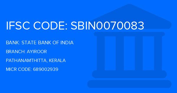 State Bank Of India (SBI) Ayiroor Branch IFSC Code