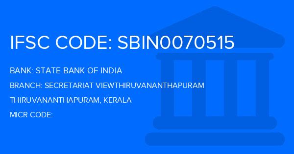 State Bank Of India (SBI) Secretariat Viewthiruvananthapuram Branch IFSC Code