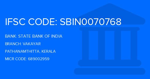 State Bank Of India (SBI) Vakayar Branch IFSC Code