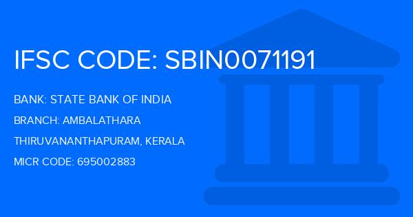 State Bank Of India (SBI) Ambalathara Branch IFSC Code