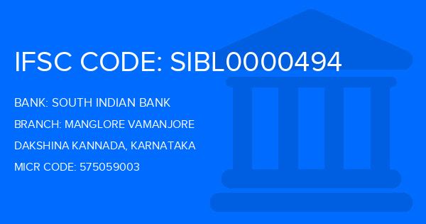 South Indian Bank (SIB) Manglore Vamanjore Branch IFSC Code