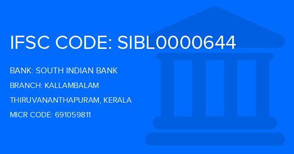South Indian Bank (SIB) Kallambalam Branch IFSC Code
