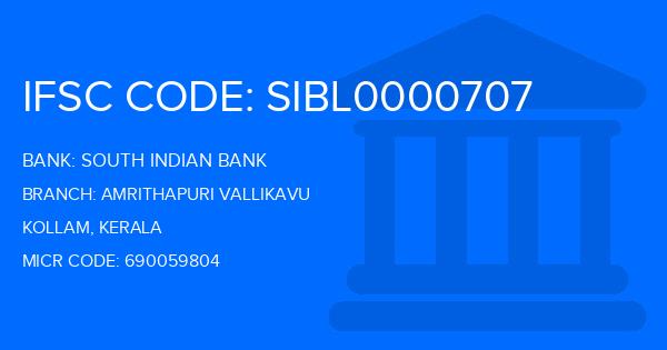 South Indian Bank (SIB) Amrithapuri Vallikavu Branch IFSC Code