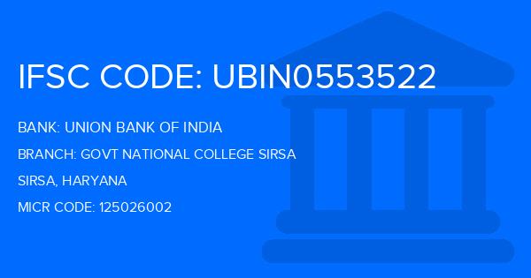 Union Bank Of India (UBI) Govt National College Sirsa Branch IFSC Code
