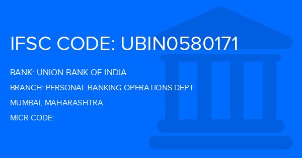 Union Bank Of India (UBI) Personal Banking Operations Dept Branch IFSC Code
